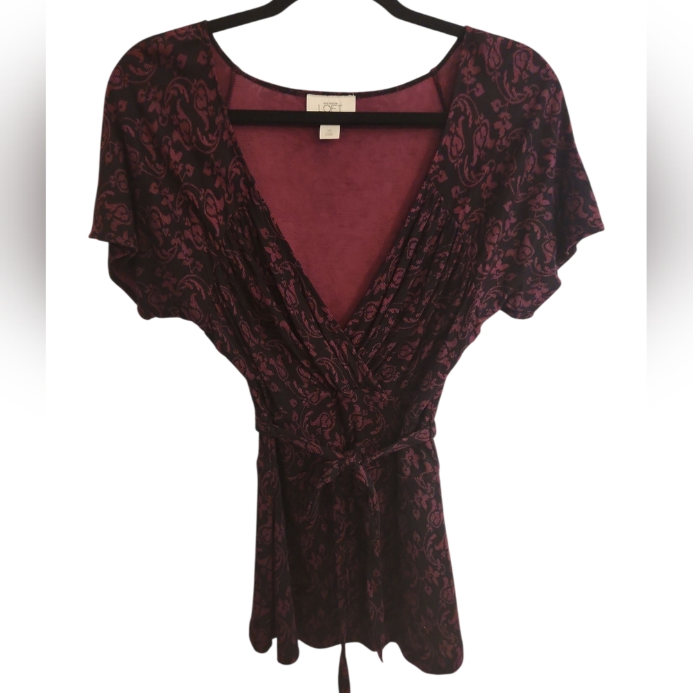 LOFT Witchy Goth Deep Burgandy/Purple Floral Flutter Sleeve Wrap Top Size XS